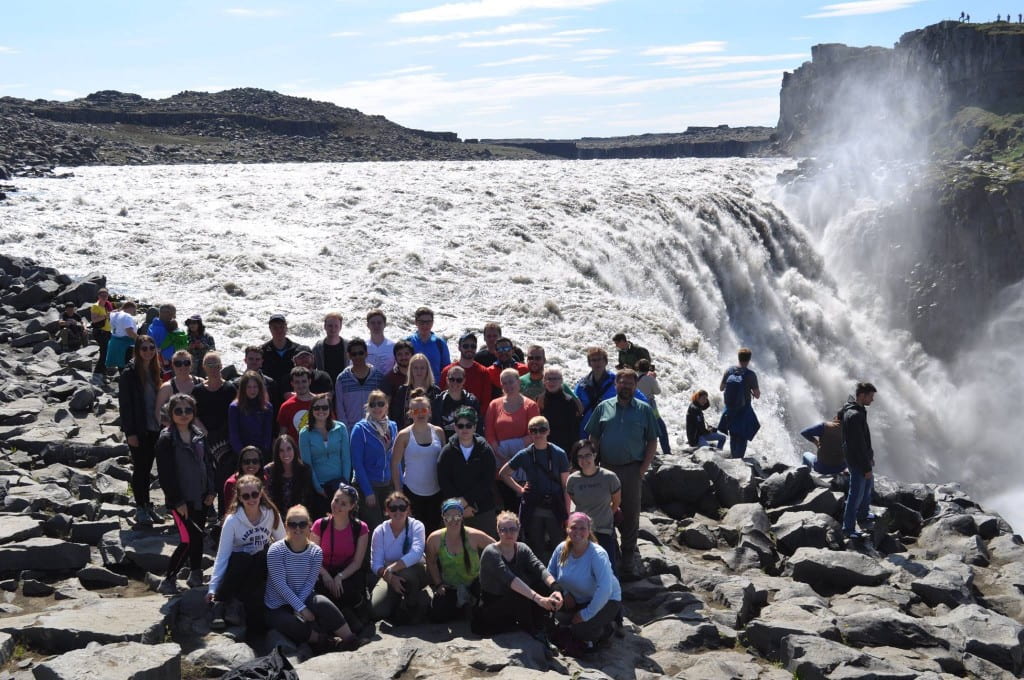 Research group with leaders at Dettifoss Waterfall, the strongest waterfall in Europe. (Photo credit: Rob Jackson)